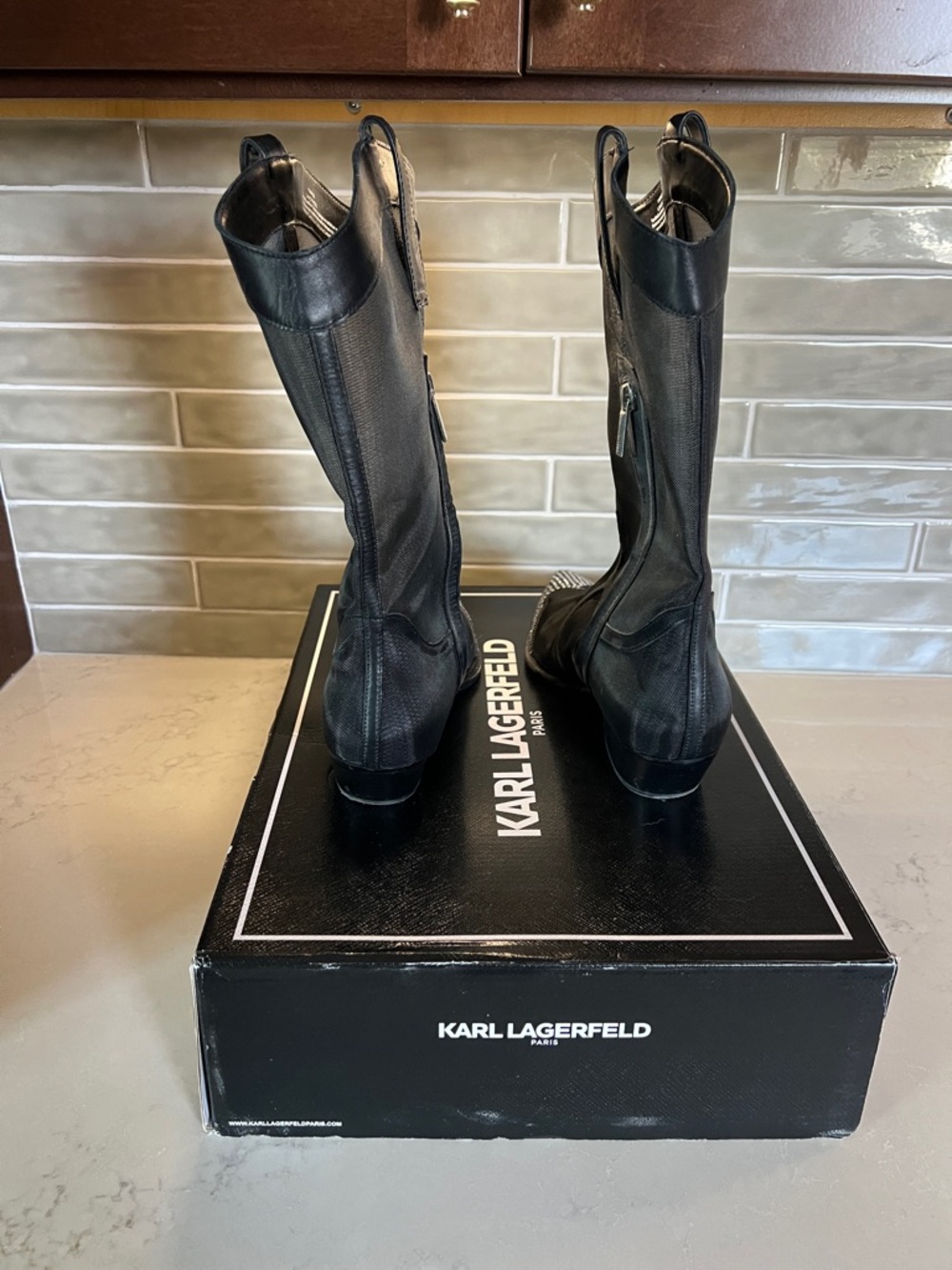 Karl Lagerfeld Lakota Rhinestone Black Mesh Western  Cowboy Boot Studded Toe - Picture 4 of 13